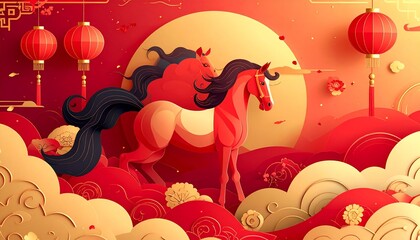 Majestic red horse layered paper art style illustration for Chinese New Year background zodiac animal auspicious clouds and lanterns festive design chinese new year. shio horse