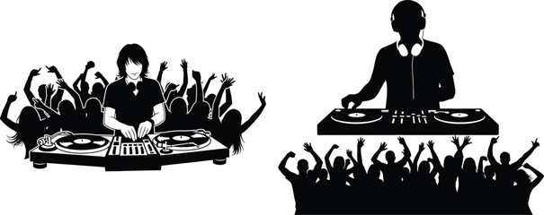 Fototapeta premium Silhouette illustration of DJ playing music with crowd, headphones, and turntable equipment for entertainment