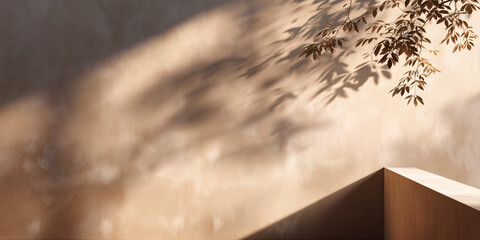 A minimalist architectural design with sunlit shadows and natural textures creating a sense of tranquility. The image focuses on the interplay of light and shadow