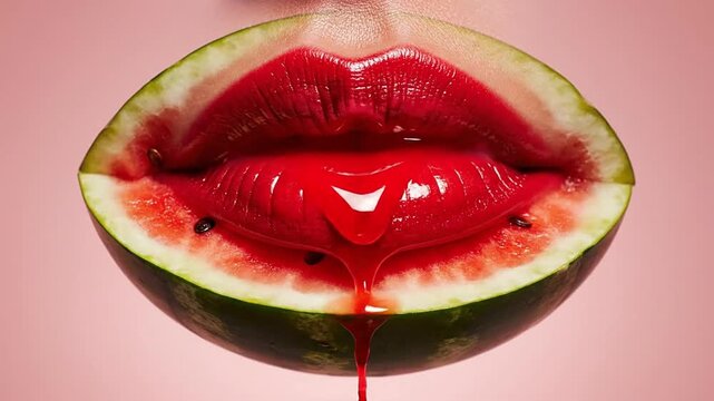 Close-up of vibrant red lips inside a fresh watermelon slice with juice dripping, symbolizing seductive desire, summer freshness, and sweet indulgence. A unique and artistic concept for beauty and...