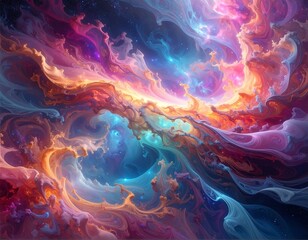 Vivid, swirling cosmic scene with vibrant colors and nebulous formations