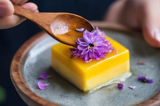 A close-up view captures a beautifully crafted two-layered dessert, featuring a vibrant yellow top layer with a creamy, lighter base, presented on a rustic ceramic plate with a warm wooden rim. A hand - Powered by Adobe