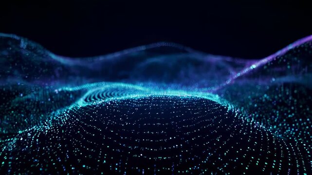 Swirling galaxy of blue and purple digital particles around a dark void