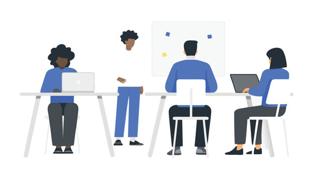 Diverse team collaborating in modern office space with laptops and whiteboard - Powered by Adobe