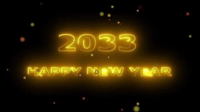 Abstract glowing neon Happy new year 2033 animation with dark background.Futuristic glowing neon Happy new year 2033 with smooth animated
