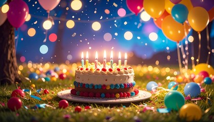 A festive birthday cake adorned with colorful candles, surrounded by vibrant balloons and shimmering confetti in a lush garden