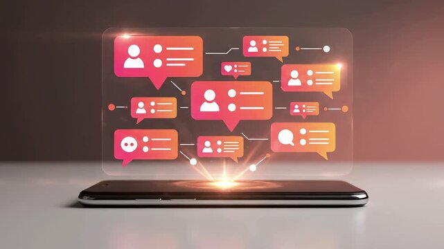 Smartphone projecting holographic social media interface with connected chat bubbles, user profiles and messaging icons. Digital communication network visualization representing online interaction,
