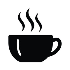 Vector illustration icon a black silhouette of a steaming hot cup of coffee on a plain white background used for morning beverage concepts