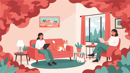 Obraz na płótnie Canvas An illustration of two people relaxing at home with their pets in a cozy, modern living room