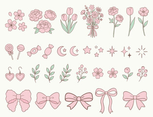 Cute Pink Floral Illustration Set with Bows, Candy, and Heart Earrings