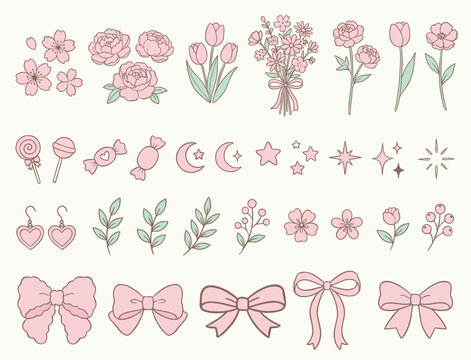Cute Pink Floral Illustration Set with Bows, Candy, and Heart Earrings