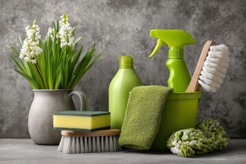 A refreshing still life arrangement of various household cleaning supplies and blooming white flowers, evoking a strong sense of natural freshness and hygiene. The composition features vibrant green b