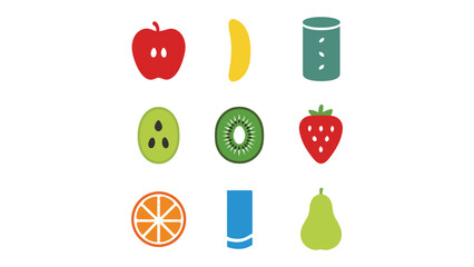 A colorful illustration of various fruits and a bottle of milk