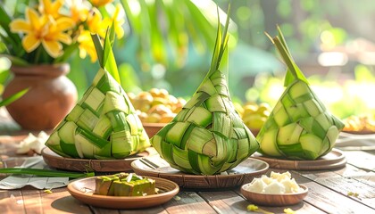 Cucumbers arranged in woven cones on wooden table.