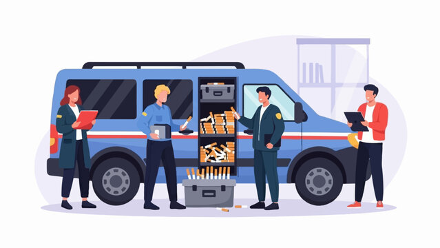 Customs officers and police inspecting a van full of illegal smuggled cigarettes and tobacco