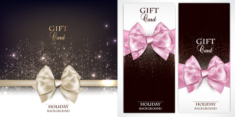 Luxury Gift Card Templates with Elegant Satin Bows and Sparkling Glitter. Premium Holiday Backgrounds in Gold, Pink, and Dark Chocolate. Festive Voucher Designs with Bokeh and Shimmer