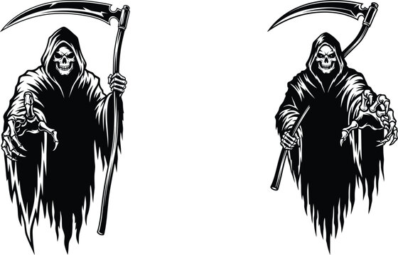 silhouette of grim reaper with scythe, menacing pose and skeletal hand outstretched