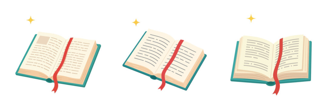 Open Books with Red Bookmark Ribbon and Sparkles Reading and Literature Concept