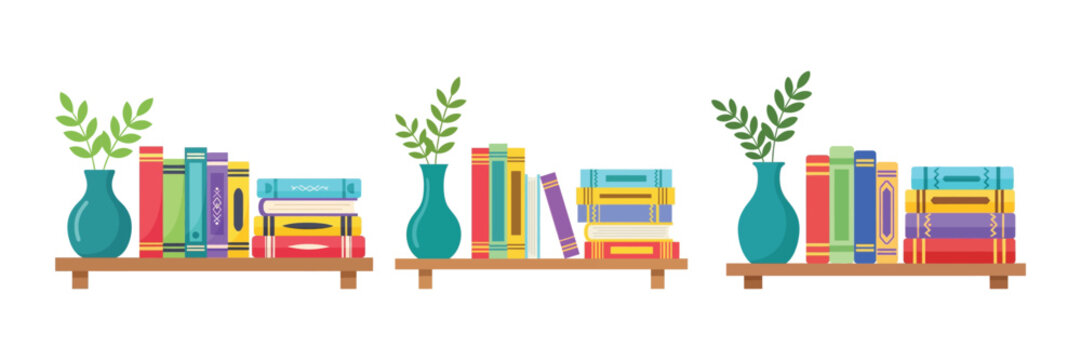 Bookshelves with Colorful Book Stacks and Plant Vases Home Library Interior Decor Icons