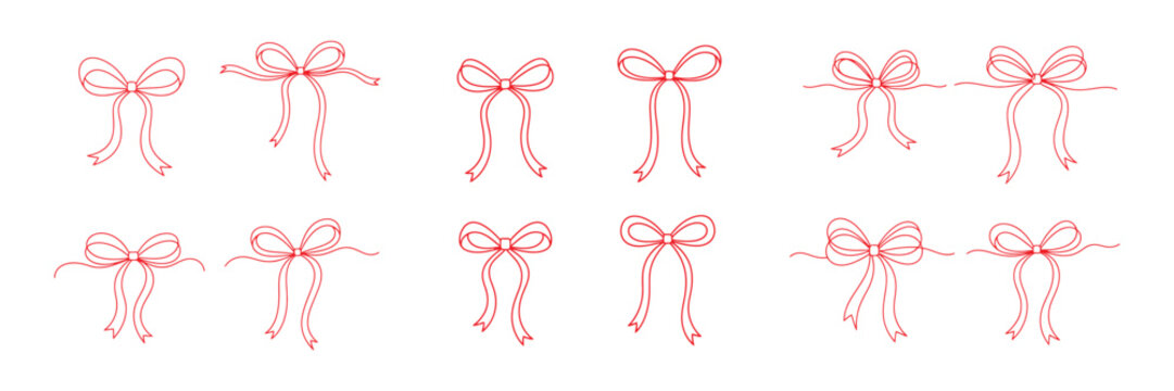 Collection of Hand Drawn Red Ribbon Bows Vector Illustration for Decorative Design Elements