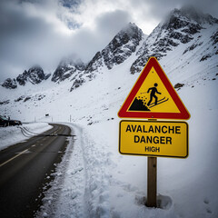 Avalanche danger warning sign along snowy road in mountainous area  
