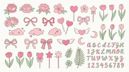 Cute Pink Valentine's Day Illustration Set with Flowers, Bows, Hearts, and Hand-Drawn Alphabet