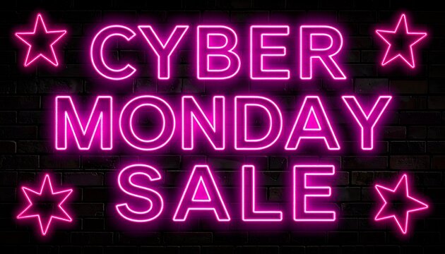 Bright neon lights proclaiming a Cyber Monday Sale against a dark brick wall backdrop - Powered by Adobe