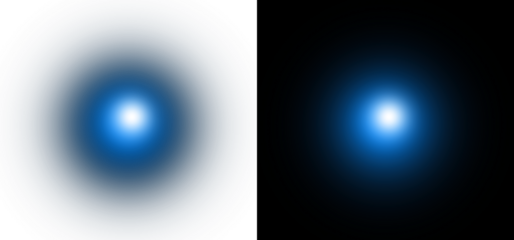 Abstract luminous blue glowing light effect on transparent checkered background and black background with soft halo and bright center core