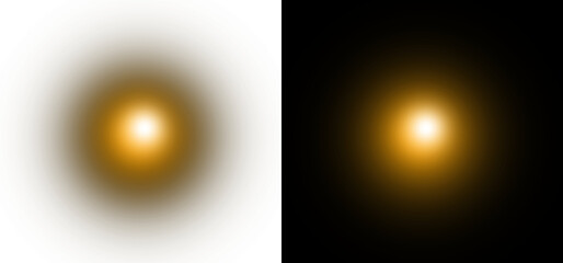 Orange glowing light effect with radial gradient transparency and bright golden flare center isolated on transparent background for design