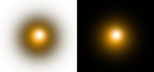 Orange glowing light effect with radial gradient transparency and bright golden flare center isolated on transparent background for design