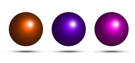 Three glossy spheres in different colors on transparent background, realistic 3d illustration for design, game, or web element