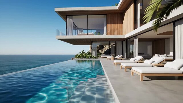 Luxury modern villa with infinity pool overlooking the ocean and palm tree
