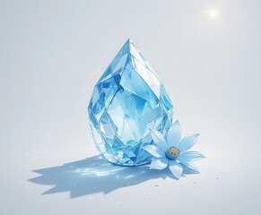 ilustraci&oacute;n de un cristal de hielo azul claro sobre un fondo blanco limpio. Cerca del cristal, se representa una flor azul claro descansando suavemente.-