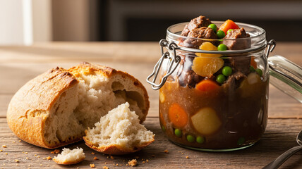 Hearty beef stew with vegetables in glass jar beside fresh bread  
