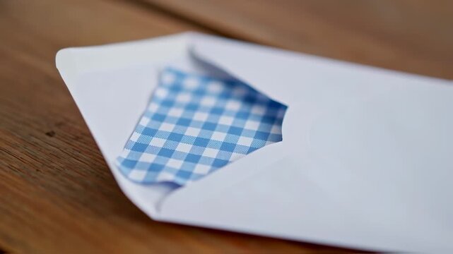 An open white envelope on a wood surface holds a blue and white checkered cloth
