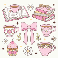 Cute Pink Book and Tea Time Illustration Set with Glasses, Cupcakes, and Bows