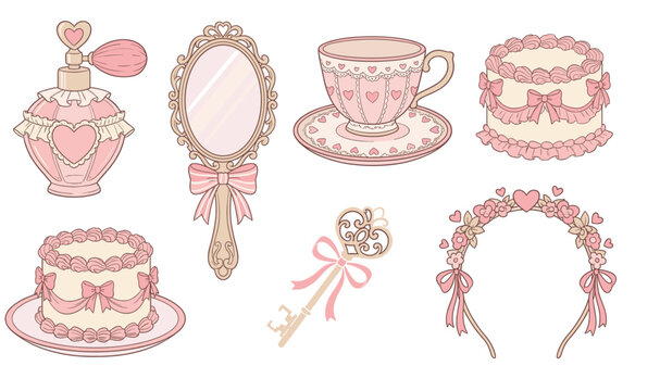 Cute Pink Coquette Aesthetic Illustration Set with Vintage Mirror, Cake, and Perfume