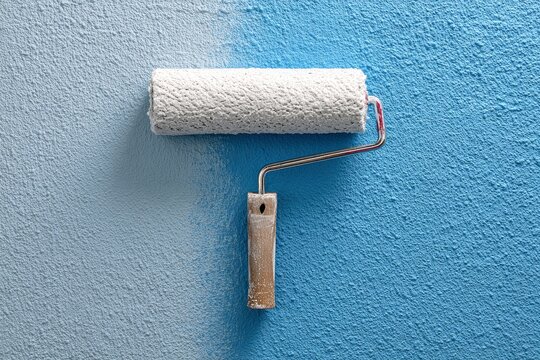 A paint roller actively applies a vibrant blue coat of paint to a richly textured wall surface, creating a clear and dynamic contrast between the unpainted, lighter blue-grey area and the freshly cove