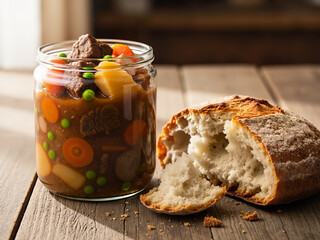 Hearty vegetable stew in jar with freshly baked bread on wooden table  