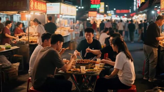 The bustling atmosphere of Asian night market food streets