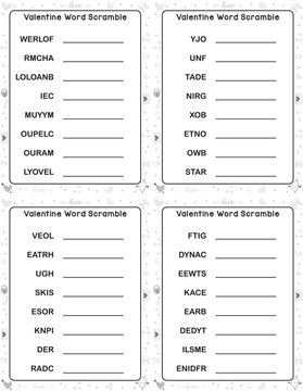 Valentine word scramble puzzle set with love-themed words in black and white, horizontal printable activity worksheets for kids