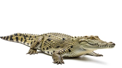 Naklejka premium Captivating Full-Body Portrait of a Large Crocodile Isolated on a White Background | Detailed Reptile Skin Texture, Scales, and Powerful Jaws of a Dangerous Wild Predator.