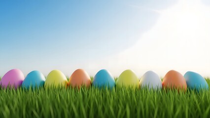 Easter eggs in green grass on sunny day easter celebration