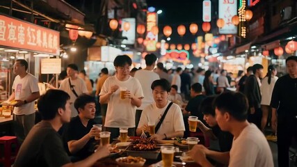 The bustling atmosphere of Asian night market food streets