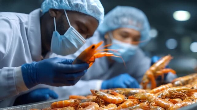 Seafood Inspection: Professionals in protective gear meticulously inspect freshly harvested shrimp at a seafood processing facility, ensuring the highest standards of quality and safety.