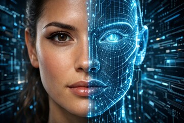 Futuristic human and digital face integration. Stunning portrait merges technology and humanity. Image captures innovation and creativity in modern art. Perfect for tech-themed projects.