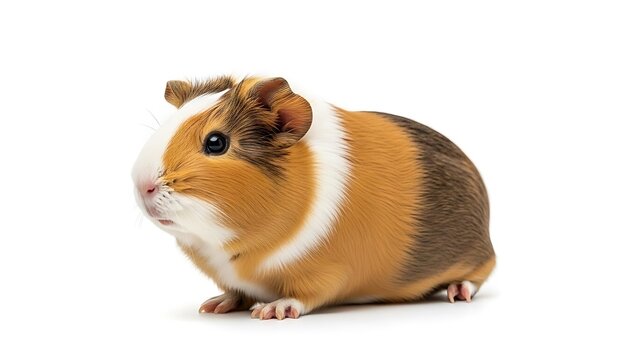 Adorable Tricolor Guinea Pig (Cavia porcellus) Studio Shot: Fluffy, Domestic Pet Rodent with Brown, White, and Ginger Fur, Isolated on a Bright White Background for Veterinary or Pet Care Themes.