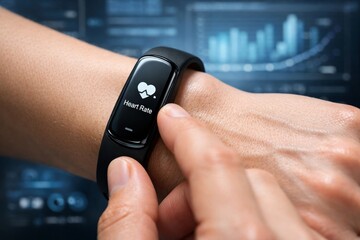 Close-up of smart fitness tracker on wrist. Innovative technology monitors heart rate and health metrics. Modern lifestyle image for wellness, fitness, and health concepts.