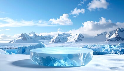 A breathtaking icy plateau glistens under a bright blue sky, surrounded by majestic snow-capped mountains