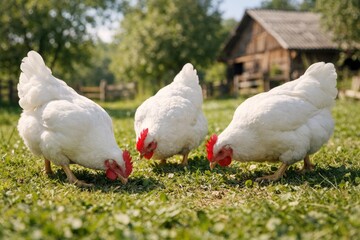Charming chickens foraging in sunny farmyard. Natural farm atmosphere enhances rural lifestyle theme. Image showcases healthy livestock and vibrant countryside setting.